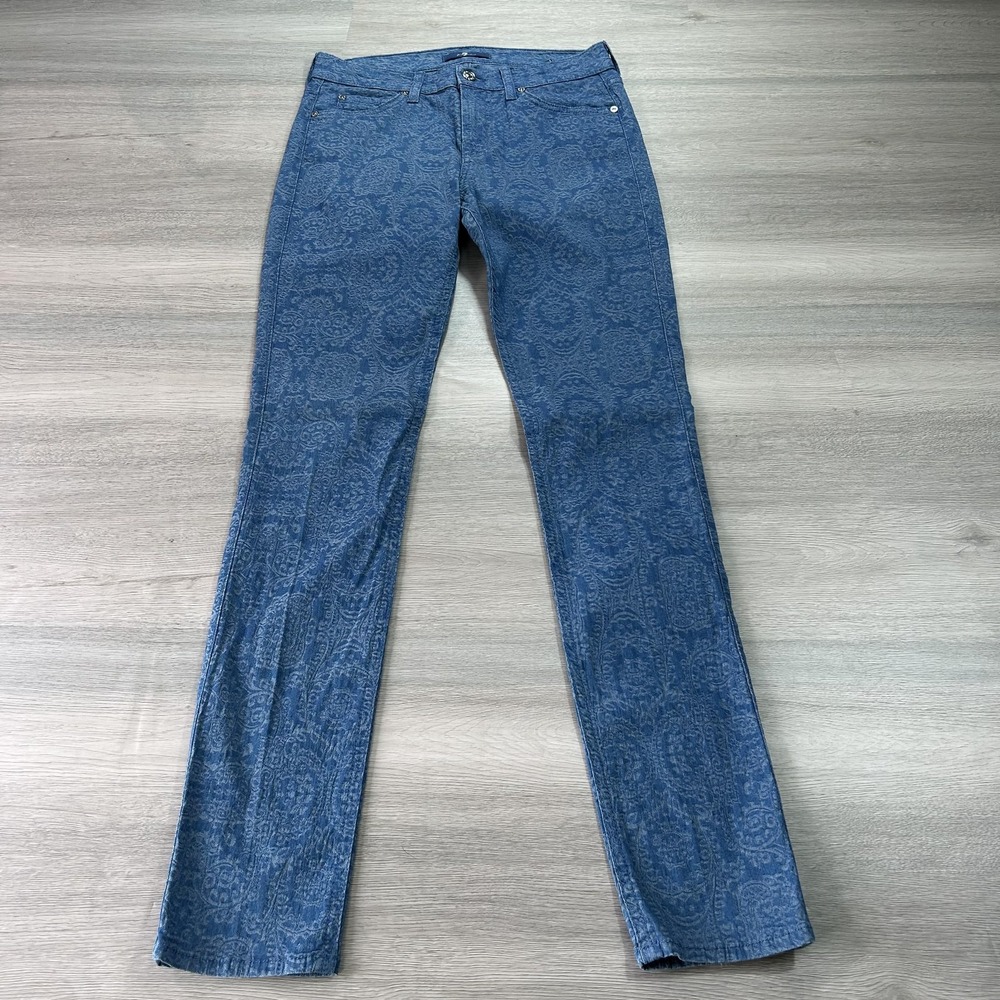 7 For All Mankind Jeans Womens 26 Blue Paisley Print Stretch Mid Rise Denim Slim